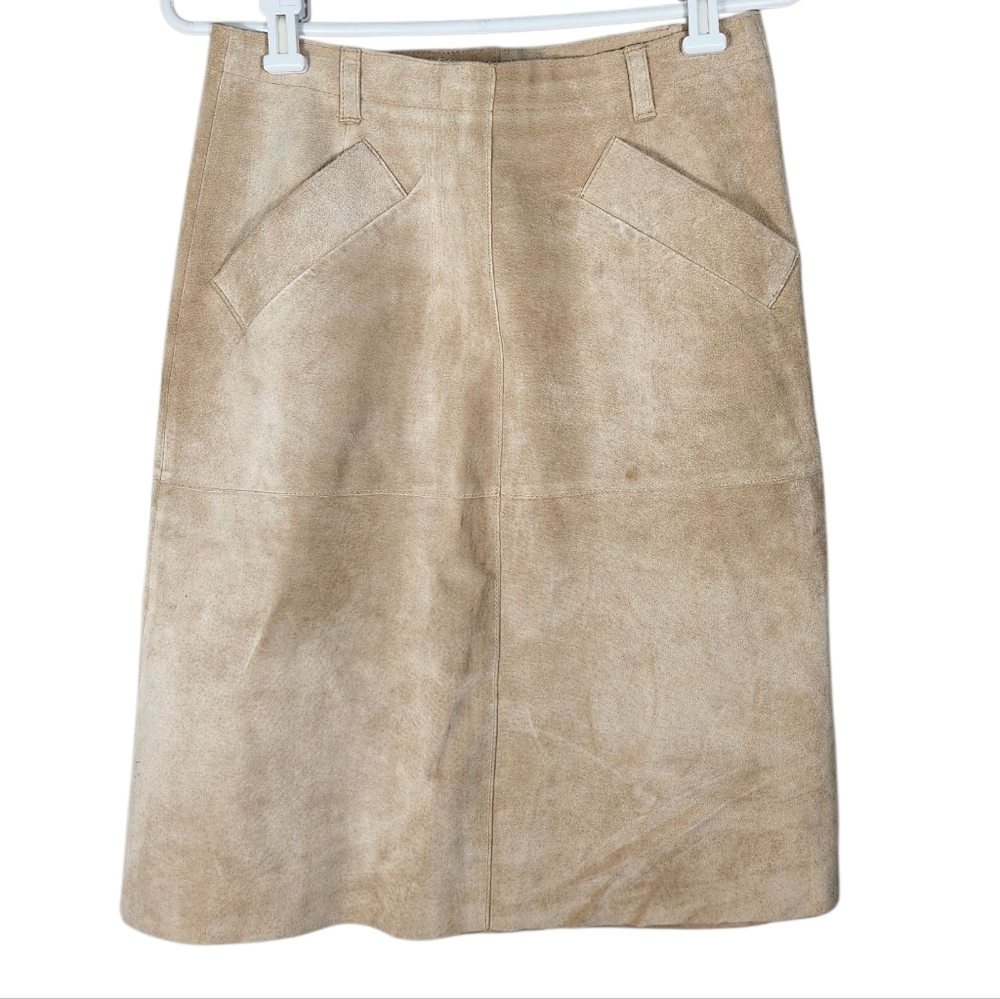 Issac Mizrahi Authentic Tan Suede Leather Knee Length Skirt Retro Western - SZ 4